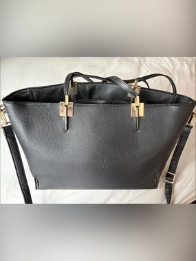 Black Pebbled Leather Tote with Gold Hardware